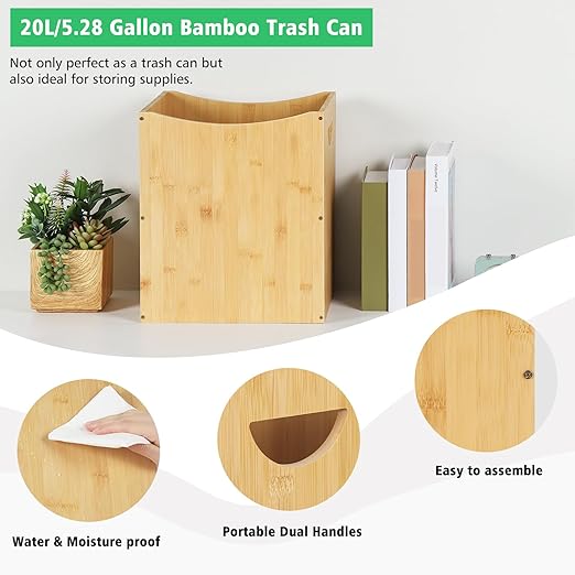 Trash Can Rectangular 5 Gallon Bamboo Waste Basket with Handles, Farmhouse Wastebaskets for Bathroom Office Trash Cans Square Bedroom Garbage Can Recycling Bin for Living Room Kitchen Under Counter
