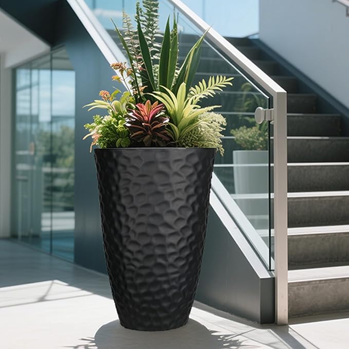 Worth Garden 24" H Tall Hammered Texture Planters Set of 2 - Matte Black Plastic Flower Pot with Drainage Holes, Modern Outdoor Indoor Lightweight Pots for Large Plants, Durable Decor Containers