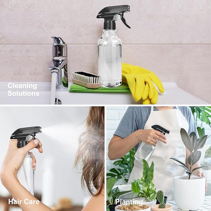 Spray Bottles 2-Pack, 10 Oz, Mist & Stream, Heavy Duty Spraying Empty Water Sprayer Bottle, BPA Free Plastic Refillable Containers for Cleaning Solutions, Plants, Hair, Essential Oils (Clear)