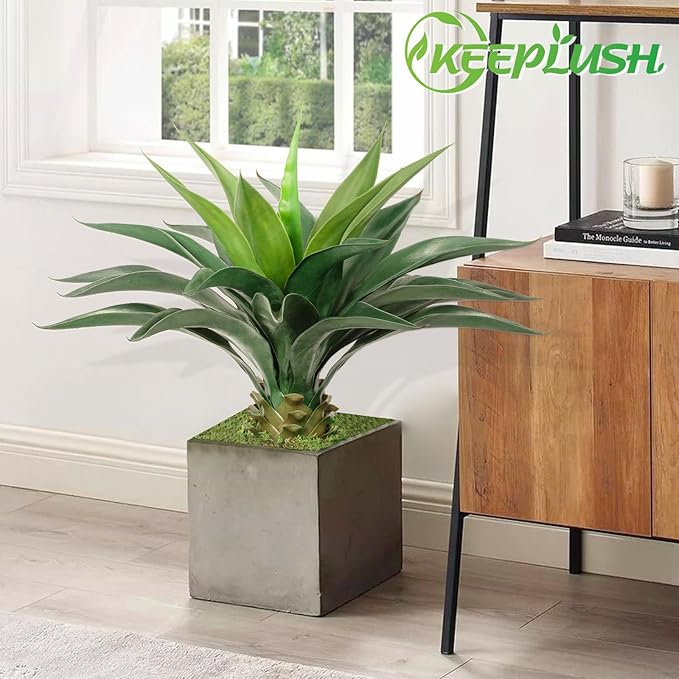 Artificial Agave Plant 2ft - 24" Large Fake Aloe Vera Plants Indoor with Fake Grass - Fake Floor Plant for Front Porch Patio Home Office Door Step Hotel Desert Style Decor 1PCS