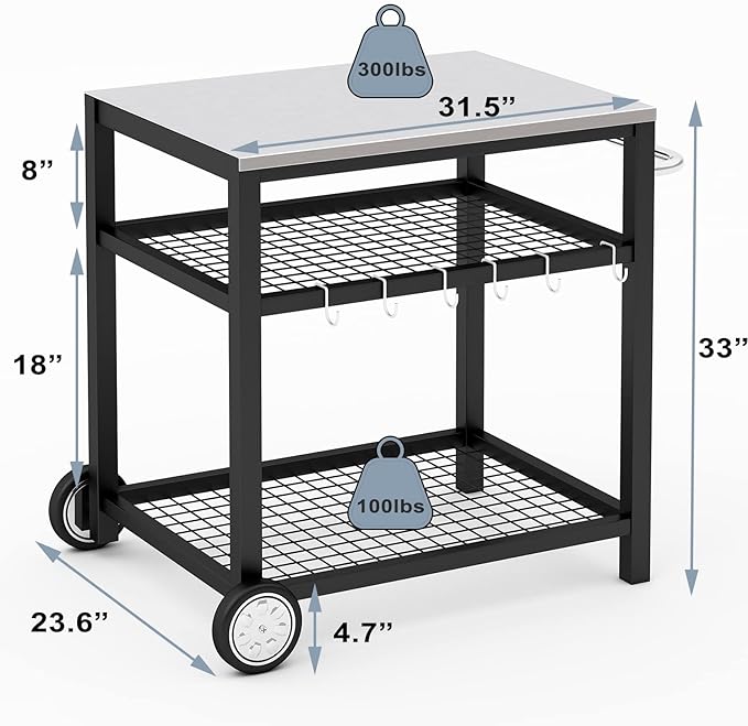 Stainless Steel Grill Cart Pizza Oven Stand Trolley Table with Wheels Pizza Cart Three-Shelf Movable Food Prep Work Dining Table with Double-Shelf Heavy Duty Outdoor 31.5" x 24 x 33.5