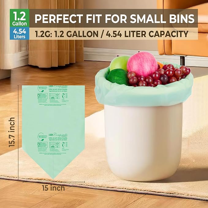1.2 Gallon Compost Bags, 4.5 Liter, 0.8 Mil,80 Count Compostable Trash Bags, Small Kitchen Food Scrap Waste Bags, ASTM D6400, US BPI, CMA and Europe OK compost HOME Certified