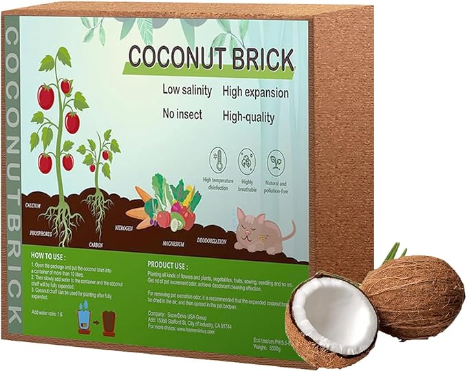 Premium Coco Coir Brick, 11Lbs High Nutrient Compressed Coconut Soil, OMRI 100% Organic Low EC & PH Balanced Potting Soil for All Plants Gardening, Hydroponics and Reptile Substrate 1-Pack