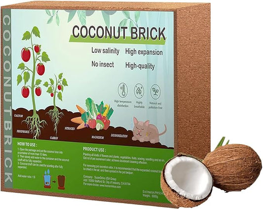 Premium Coco Coir Brick, 11Lbs High Nutrient Compressed Coconut Soil, OMRI 100% Organic Low EC & PH Balanced Potting Soil for All Plants Gardening, Hydroponics and Reptile Substrate 1-Pack