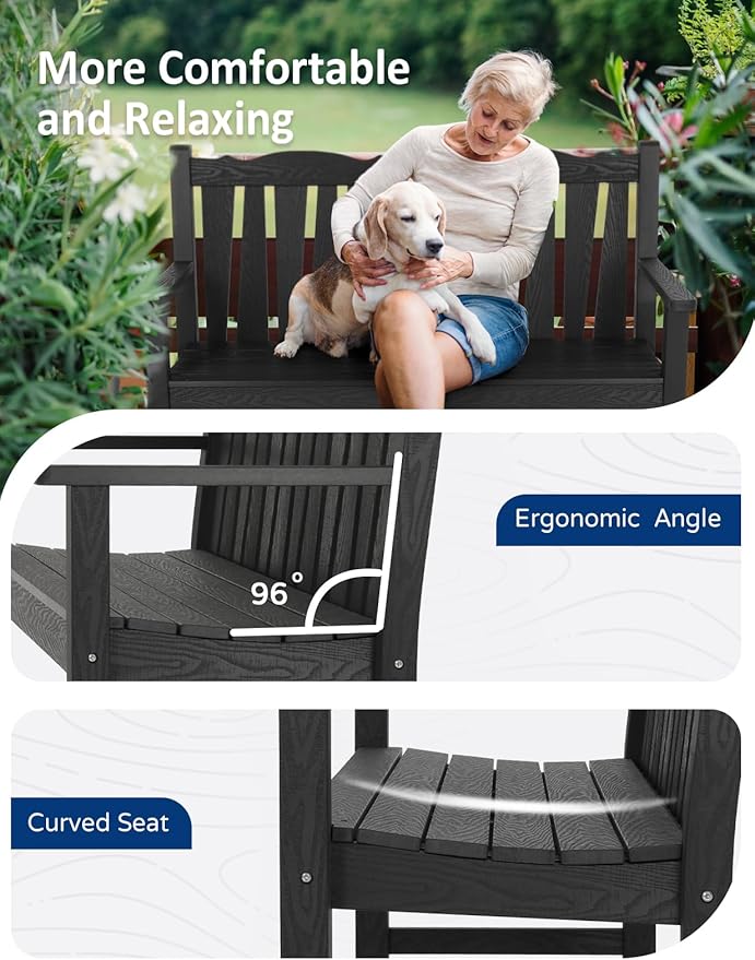 Patio Chairs Set, Weatherproof HIPS Outdoor Furniture, Include 2 Patio Dining Chairs + Outdoor Bench, Suit for Garden, Porch, Lawn & Backyard (Black)