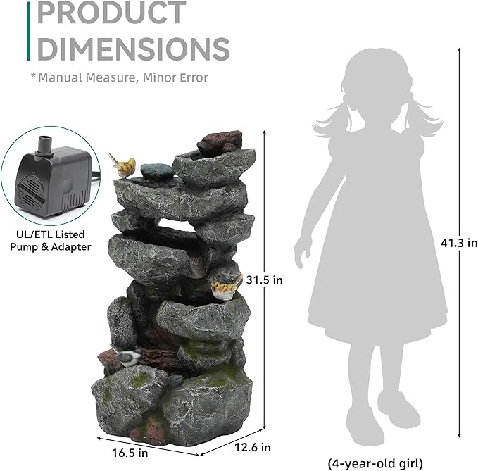 31.5" H Multi-Tier Rock Outdoor Water Fountain with LED Lights and Pump, Garden Fountain Waterfall for Patio, Porch, or Yard