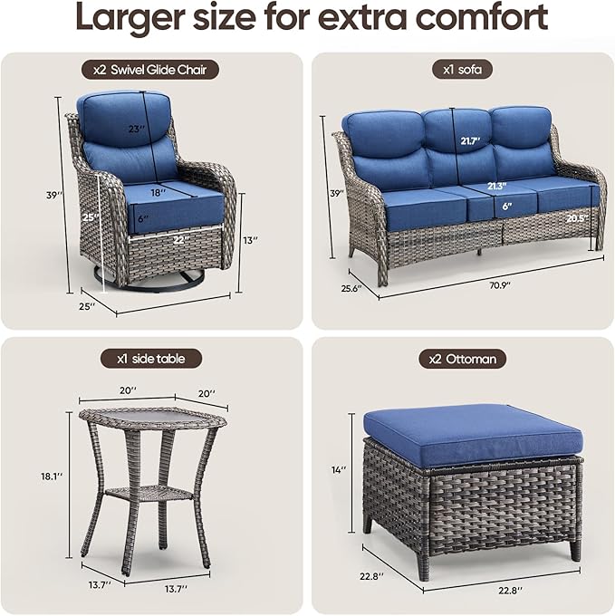 Swivel Patio Chairs sofa Set of 6 - 6" Thick Cushion - Wicker Outdoor Swivel Rocker Patio Chair ,Sofa/Glass coffee table, High Back Comfortable Outdoor Glider Chairs - Grey Wicker | Blue Cushions