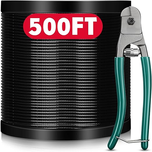 Tandefio 500 ft Vinyl Coated Wire Rope 304 Stainless Steel Black Stainless Wire 1/16 Inch Overmolded to 3/32 Inch with Cutter 7x7 Strands Construction for String Lights Hanging Clothesline Fence