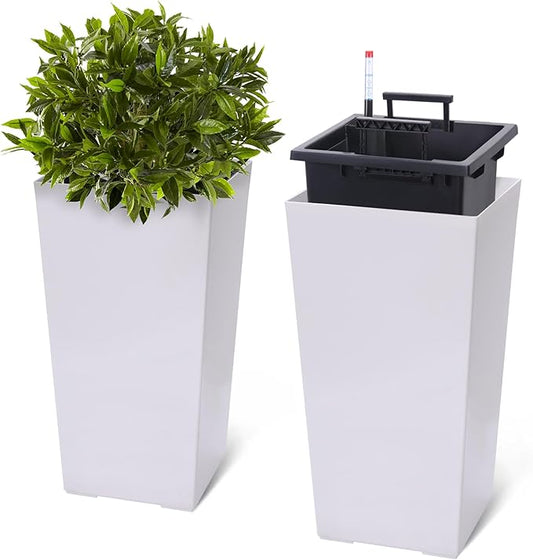 22.5" Tall Planters Set of 2, Outdoor＆Indoor Black Planter Pots, High Front Porch Planter Pots with Drainage Holes＆Water Level Monitor＆Inner Bucket, Automatic Watering, White