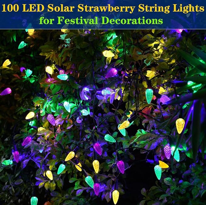 Solar Mardi Gras Lights, Yellow Green Purple Decor Lights, 100 LEDs 8 Modes Waterproof Solar Outdoor C6 Strawberry Garden Lights for Mardi Gras, Camping, Holiday, Arbor, Fence, Balcony Decorations