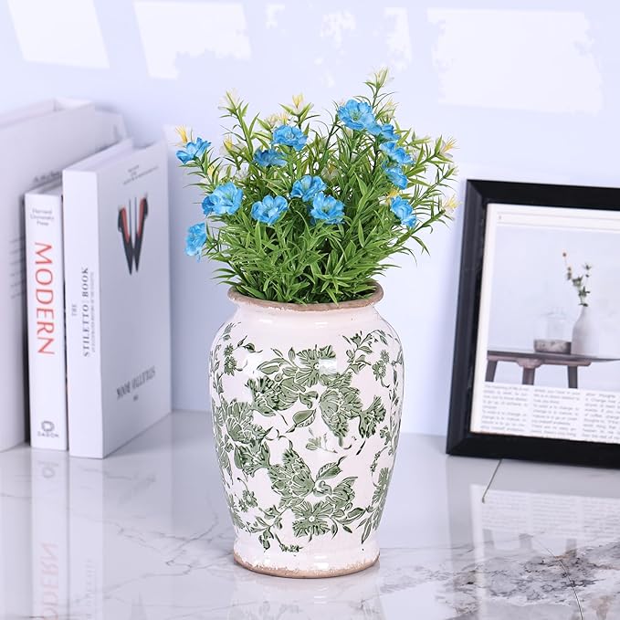 Vintage Vase for Flowers,Green Chinoiserie Ceramic Vase,Rustic Farmhouse Cracked Vases,for Flower Arrangement,Living Room, Office, Shelf, Fireplace Tables,Centerpieces,Chinoiserie Pottery Decor(B)