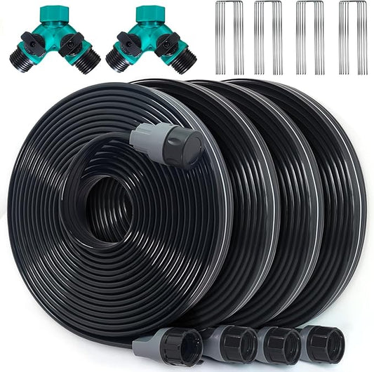 Sprinkler Hose with Holes, Flat Soaker Hose 100 Ft (25 ft 4pack) with Garden Staples and Splitters, Watering Drip Irrigation Hoses for Lawn, Vegetable and Garden Beds (100 ft)