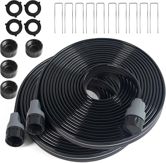 2-Pack Sprinkler Hose with Holes 15 Ft, Flat Soaker Hose 30 ft with Garden Staples, Drip Irrigation Hoses for Lawn, Watering Hose System (Black, 30 ft(15ftx2pack))