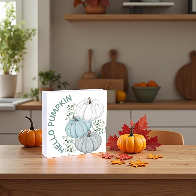 Fall Decorations for Home Fall Decor Home Room Hello Pumpkin Table Wood Box Sign Rustic Wooden Shelf Desk Office Decor Season Sign House Warming Gifts 5.9 x 5.9 Inch