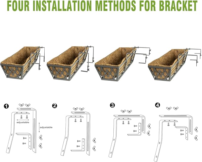 Window Boxes Planters: 2 Pack 30 Inch Railing Planter Box with Adjustable Brackets for Porch Fence Patio Balcony Hanging Flower Baskets with Coco Liners for Outdoor Garden Decor - Grey