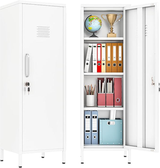 47" Metal Storage Locker, Lockable Employees Metal Locker with Door and Adjustable Shelves, Steel Locker for Home, School, Office, Gym (White)
