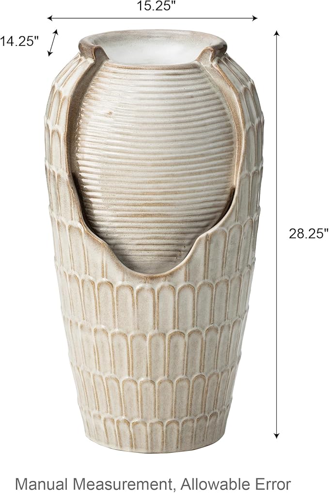 Glitzhome 28.25" H Oversized Ceramic Petals Textured Jar Outdoor Water Fountain, Vintage Sand Beige Glaze Vase Patio Garden Waterfall Fountain with LED Light and Submersible Pump