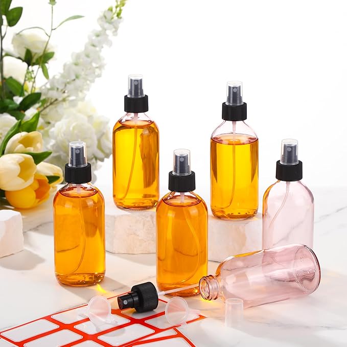 Norme 12 Pcs 8 oz Glass Spray Bottles with Funnels and Labels Refillable Cosmetic Empty Spray Bottles with Sprayer Containers for Essential Oil Cleaning Solutions(Pink,Stylish)