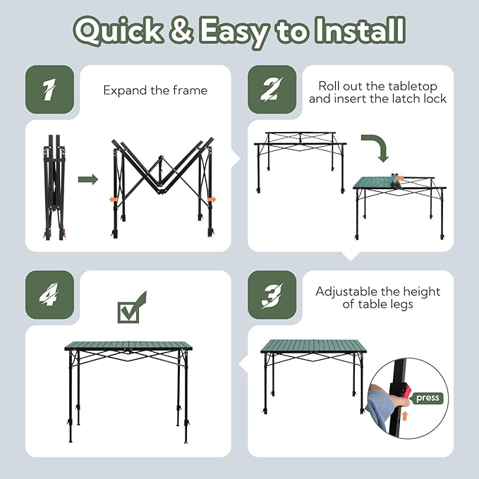 Portable Outdoor Adjustable Height Camping Table, Large for 2-6 Person, Foldable Roll-up Aluminum Camp Table with Carry Bag for Picnic, Camp, Sturdy, Stable, Loads 220 Lbs (Green)