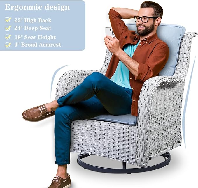 Outdoor Swivel Rocker Patio Chairs Set of 3, High Back Swivel Patio Chairs Wicker Furniture Set, 2 PCS Rattan Swivel Rocking Chair with Side Table, Light Grey Wicker
