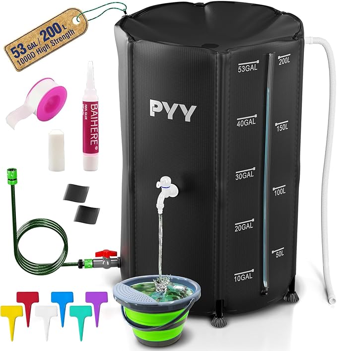 PYY Rain Water Collection Barrel - 53 Gallon Black Water Storage Tank with Spigot, Hose and Portable Bucket, Large Plastic Collapsible Rain Catcher Catchment System to Collect Rainwater from Gutter