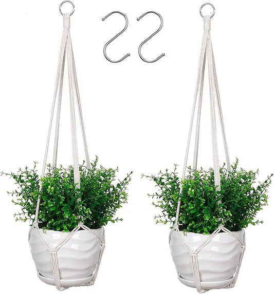 YIBOT 2 Pack 35" Macrame Plant Hanger Indoor Hanging Planter for Plants Holder with 2 Hooks,No Tassels for Indoor Outdoor Boho Home Decor, Ivory (POTS NOT Included)