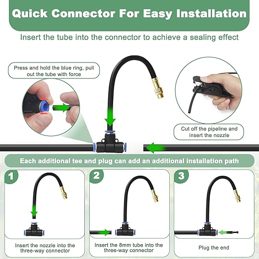 360° Adjustable Drip Irrigation System Kit, 32.8FT Automatic Garden Watering System with 10 Copper Nozzles, Atomizing Misting Watering System with 360° Bending Dropper for Plant Lawn Patio