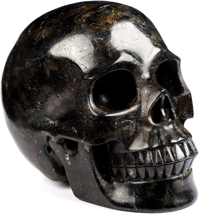Skullis 5.0" Russian Arfvedsonite Crystal Skull, Hand Carved Gemstone Fine Art Sculpture, Reiki Healing Stone Statue.