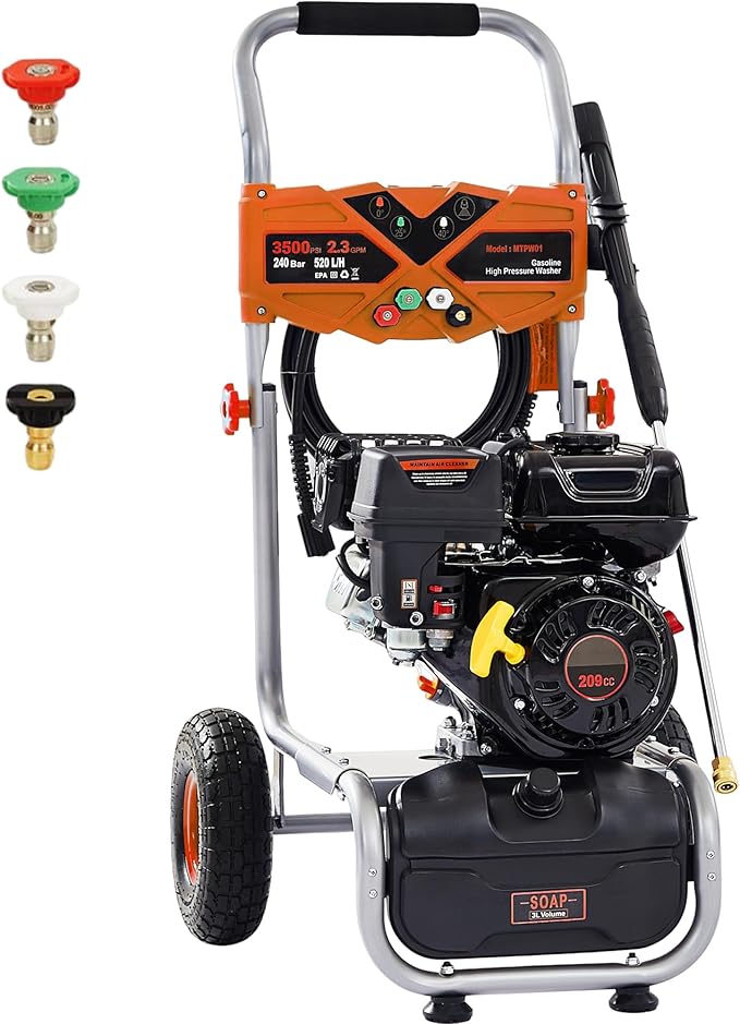 3500 PSI Gas Pressure Washer, 2.3 GPM Heavy-Duty High-Power Cleaner with 209CC 7HP Engine, 25Ft Hose, Axial Aluminum Pump, Soap Tank & 4 Quick-Connect Adjustable Nozzles (Orange)