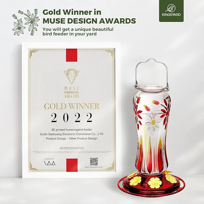 Kingsyard Hummingbird Feeder for Outdoors Hanging, 25 Ounces, Glass Humming Bird Nectar Feeder with Ant Moat & 6 Feeding Ports, Leak Proof, Red