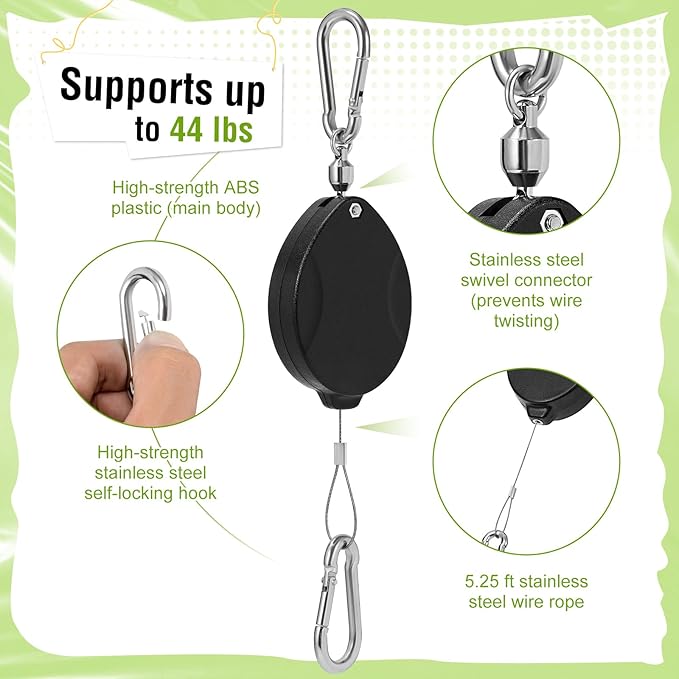 Plant Pulleys for Hanging Plants, Heavy Duty Retractable Hangers, 304 Stainless Steel Rope, Auto Plant Holder, Adjustable Climbing Hook for Garden Baskets Watering, or Bird Feeders (Black-4)