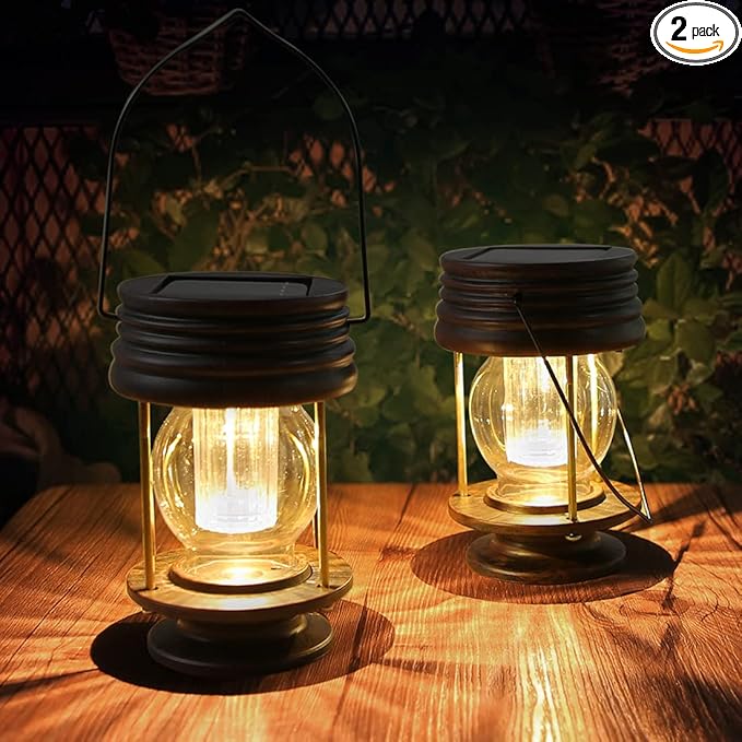 Solar Lanterns Outdoor - 2 Pack Hanging Solar Lights for Outside, Waterproof Outdoor Garden Lanterns Lamp Vintage Design for Landscape Yard Pathway Beach Pavilion Table Decoration (Warm Lights)