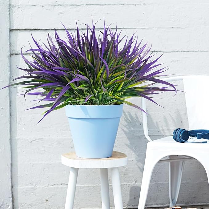 Uieke 6 Bundles Artificial Outdoor Plants UV Resistant Fake Grass Plants Faux Plastic Plants Greenery Shrubs for Home Garden Pathway Window Box Front Porch Spring Summer Decor, Purple