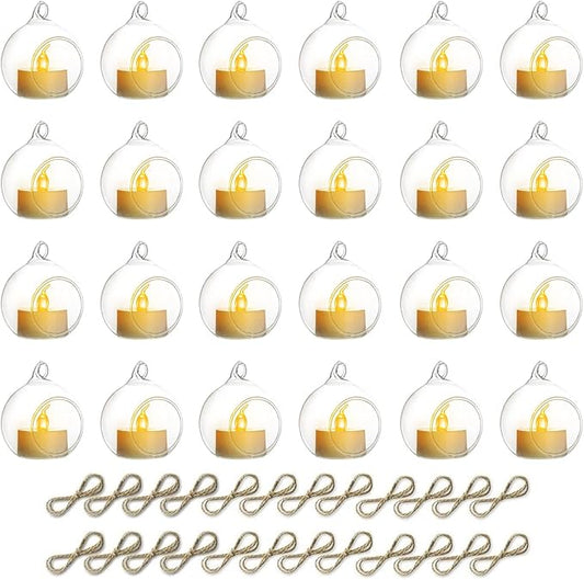 NUPTIO Hanging TeaLight Candle Holder: 24Pcs 2.36in Tree Tea Light Holders with LED Candles Small Glass Globes Ornament Clear Round Mini Terrarium Containers for Wedding Party Tree Decoration
