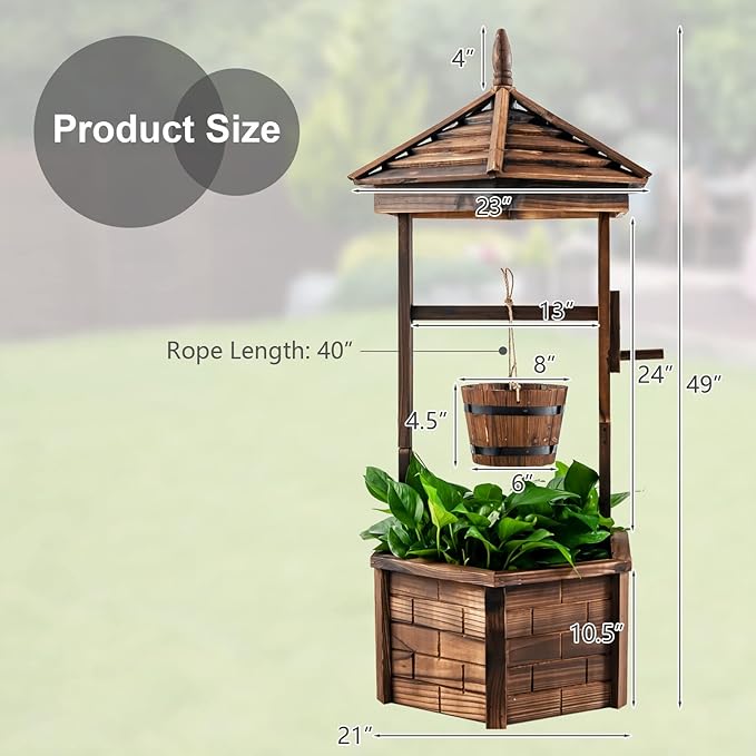 Giantex Rustic Wooden Wishing Well Planter with Hanging Bucket, Roof Shadow, Reinforced Rod, Wishing Wells for Outdoors Backyard Patio Garden Outside Decor