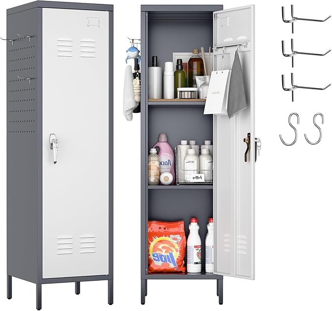 METAN Metal Storage Lockers with Handle Lock and 2 Adjustable Shelves,Office Storage Locker with Pegboards and Hooks,Assembly Required,Grey White