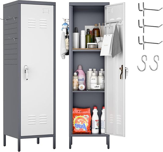 METAN Metal Storage Lockers with Handle Lock and 2 Adjustable Shelves,Office Storage Locker with Pegboards and Hooks,Assembly Required,Grey White