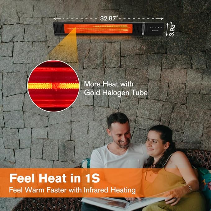 Small Outdoor Heater for Patio, thermomate 1500W IP65 Electric Infrared Heater with Low Glare Schott Glass, 9 Heating Levels & 24H Timer, Plug-in 120V Black