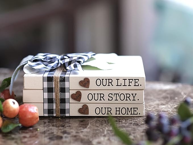 Our Life Our Story Our Home-Farmhouse Stacked Books, 3 Stacked Decorative Books, Rustic Wooden Signs for Home Decor-Housewarming Gifts