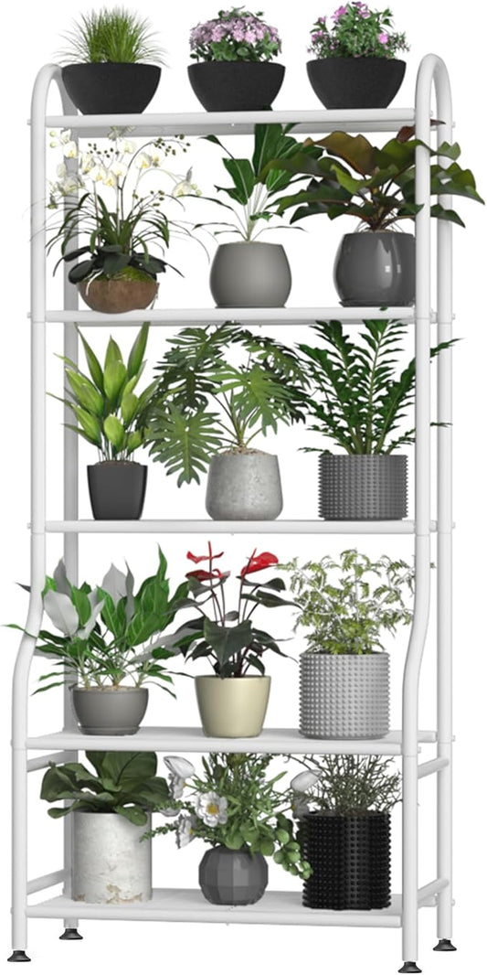 5-Tier Metal Plant Stand Indoor Outdoor, Waterproof Flower Stand for Multiple Pots, Heavy Duty Plant Stands for Living Room Patio Garden Decor, Tall Plant Shelf with Leveling Feet, White