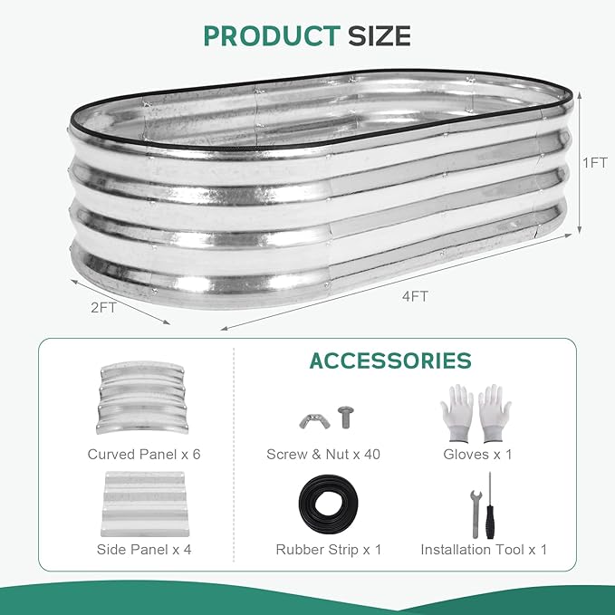 Galvanized Raised Garden Bed Outdoor - 4×2×1ft Planter Raised Beds for Gardening | Oval Metal Garden Planter Box with Safety Edging and Gloves for Vegetables Fruits and Flowers (Silver)