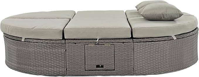 kevinplus Outdoor Daybed Patio Sunbed with Adjustable Backrests and Foldable Cupholder, Rattan Outdoor Garden Daybed Sunbed Reclining Chaise Lounge for Poolside Balcony, Gray