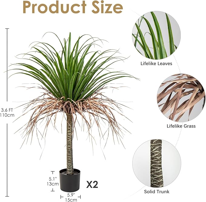 Hollyone 2 Pack Artificial Agave Tree, 3.6Ft Faux Yucca Plant in Pot, Green, Polyester, Indoor/Outdoor Decor, Housewarming Gift