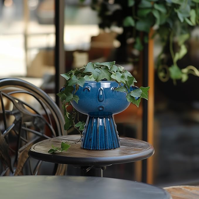 Head Planter Pot - 7 Inch Cute Face Planter for Indoor Outdoor Plants Ceramic Succulent Pot Round Flower Pot Present for Mother Christmas with Drainage Hole Blue