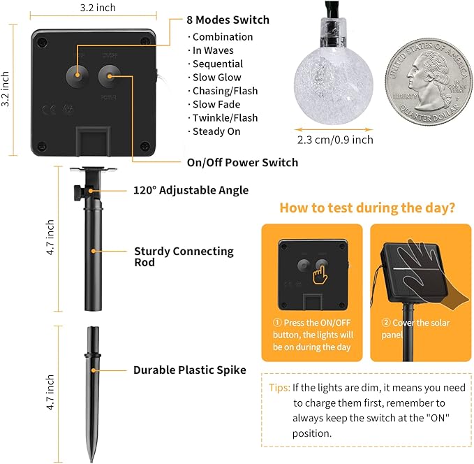 Solar String Lights Outdoor Waterproof, 2 Pack 60 LED 36.5 FT Each, Crystal Globe Lights with 8 Lighting Modes, Solar Powered Patio Lights for Garden Yard Porch Wedding Party Decor (Warm White)