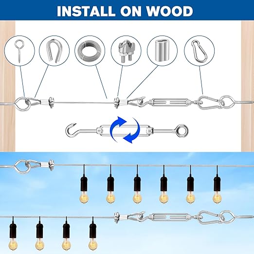 220FT 1/16" Wire Rope Kit - String Light Hanging Kit Vinyl Coated 304 Stainless Steel Cable with Turnbuckles for String Light Hanging, Gate Anti Sag, Stair Railing, Curtain, Picture Hanging, Garden