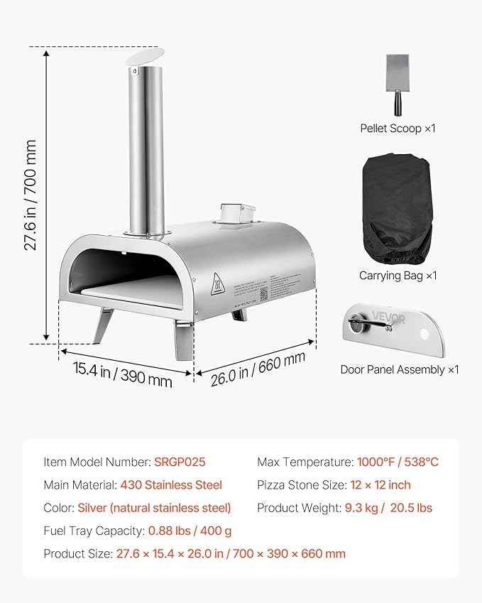 VEVOR Pizza Oven Outdoor, 12" Pellet Pizza Oven, Portable Pizza-Stove with Built-in Thermometer, Wood Fired Stainless Steel Pizza-Maker, for Backyard, Camping, Pizza-Stone, Shovel, Carry Bag, Silver