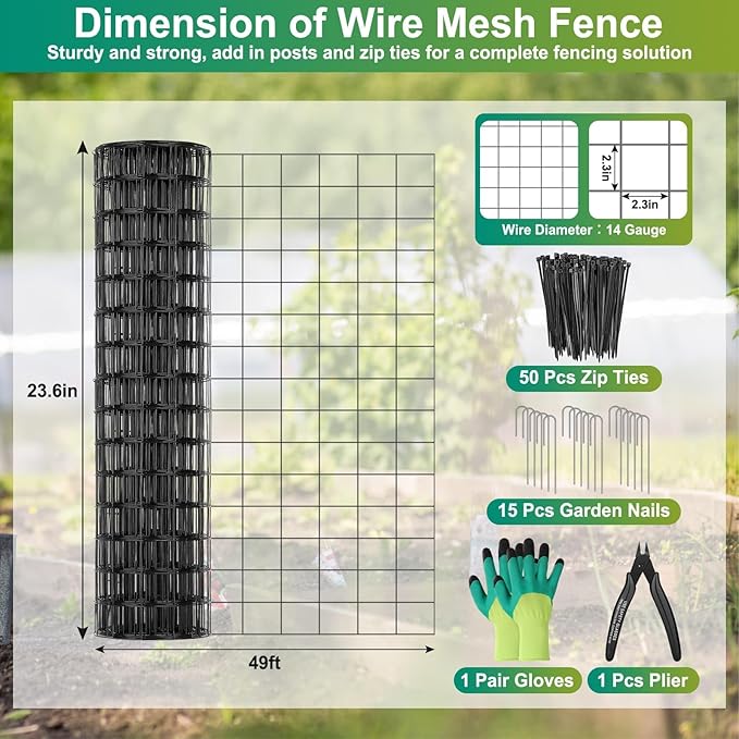 Black PVC Coated Welded Wire Fence 24 Inch x 49 Foot, 2.4" x 2.4" 14GA Garden Fence Roll Vinyl Coating Metal Wire Mesh Fence for Yard Vegetable Plant Protection Outdoor Dogs Poultry Netting