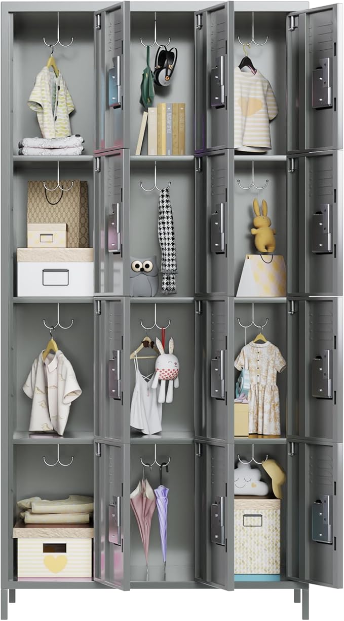 METAN Metal Storage Locker for School Office Gym Bedroom, 12 Doors Locker Cabinet for Employees, Industrial Steel Storage Locker with 12 Hooks, Assembly Required (12 Door-Light Gray)