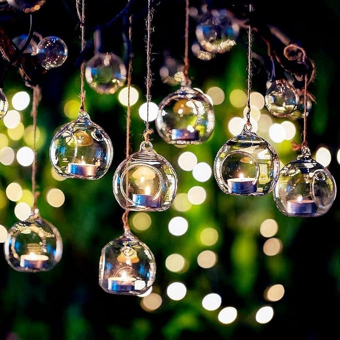 18 Pcs Clear Hanging Glass Candle Holder Decorative Hanging Chandeliers, 3.15"/8cm Led Light Candleholders Mini Home Decor Planters, Small Plant Terrarium Globes for Garden Wedding Party Decoration